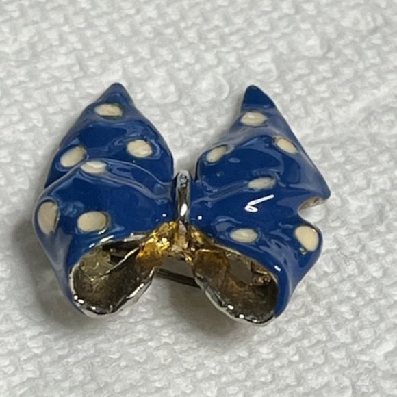 VTG 1" Blue White Polka Dot Bow Enamel Hat Pin Brooch Scarf Pin Petite - Picture 3 of 9